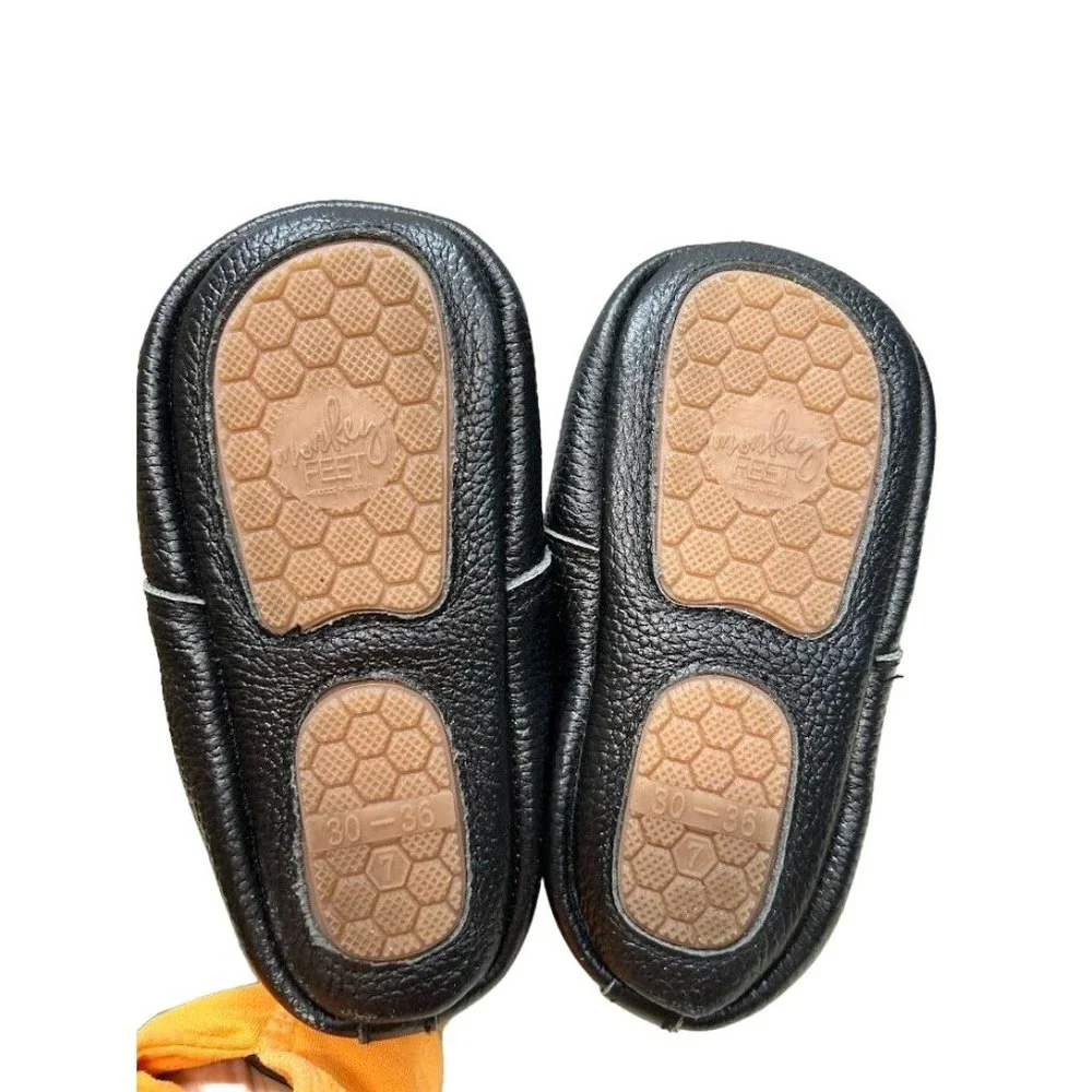 Kids Monkey Feet Sz. 7 Black Lace UP Moccasin‎ Leather Shoes